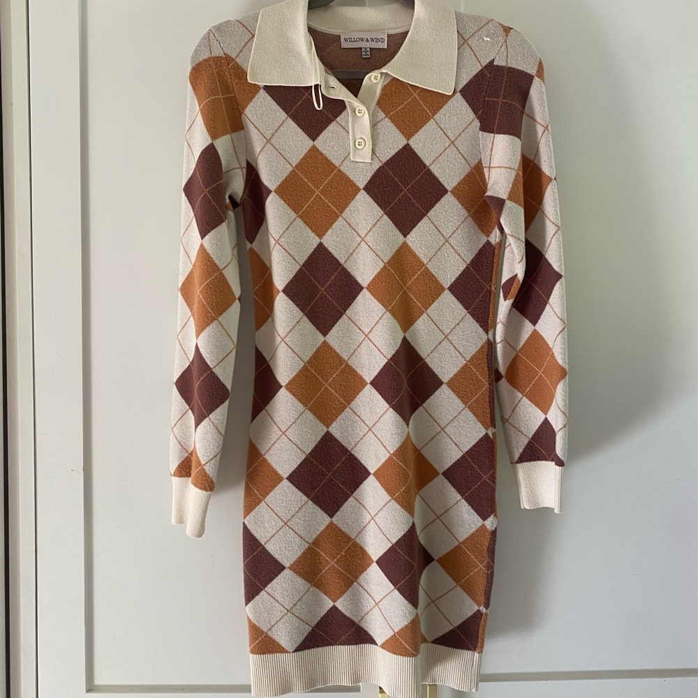 Argyle Knit Dress in Cream and Brown